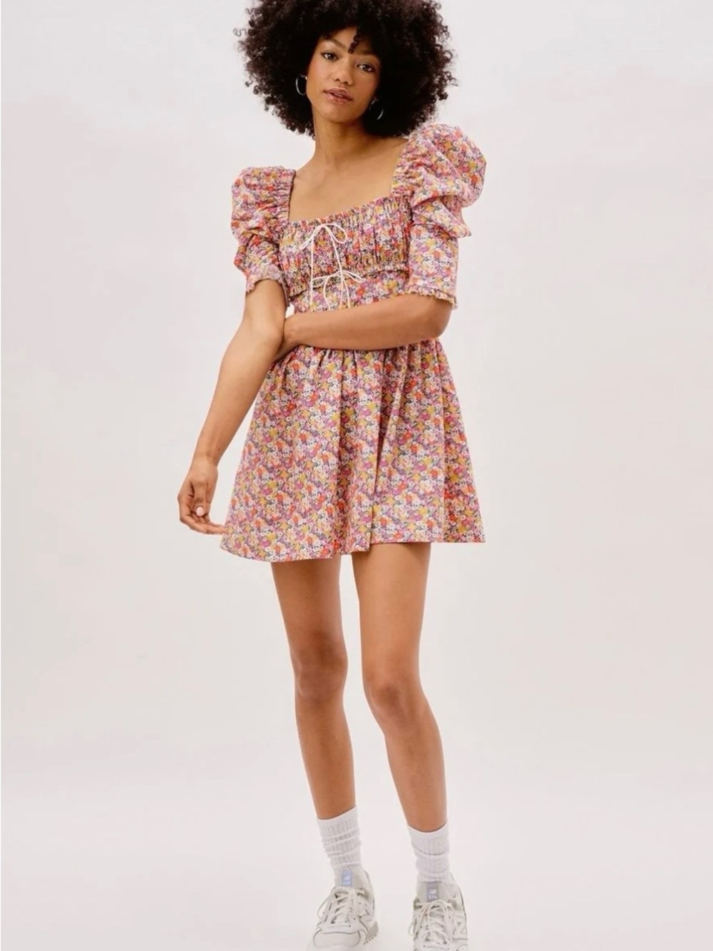 For Love & Lemons Libby Floral Puff Sleeve Smocked Mini Dress Large